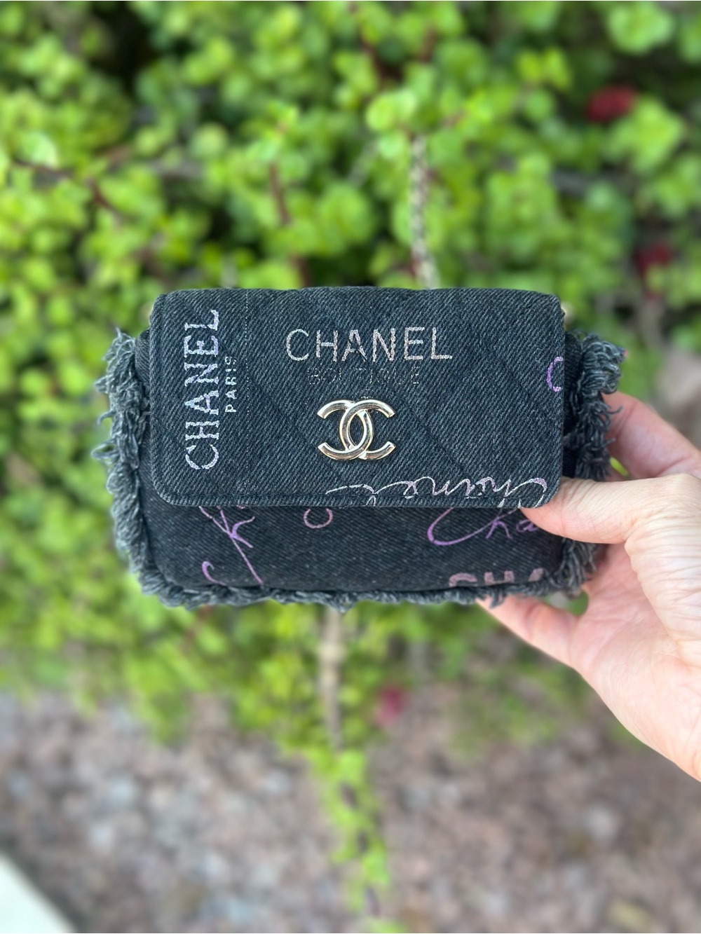 Auth CHANEL Mini Black Denim Fringe Printed Crossbody Bag Handbag a79 - Picture 3 of 16